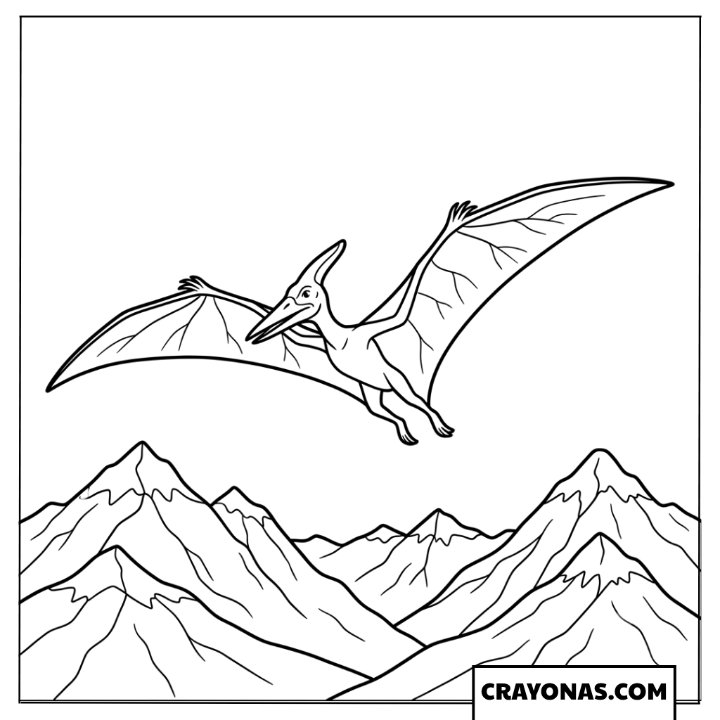 Pterodactyl Flying Over High Mountain Peaks Coloring Page