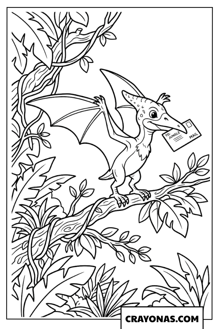 Pterodactyl Postman Delivering Letter in Jungle Coloring Page