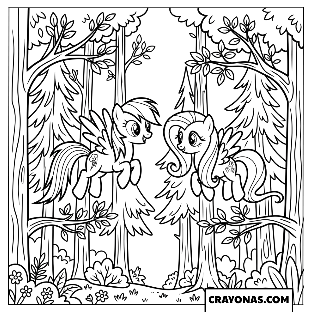 Rainbow Dash And Fluttershy In Forest My Little Pony Coloring Page
