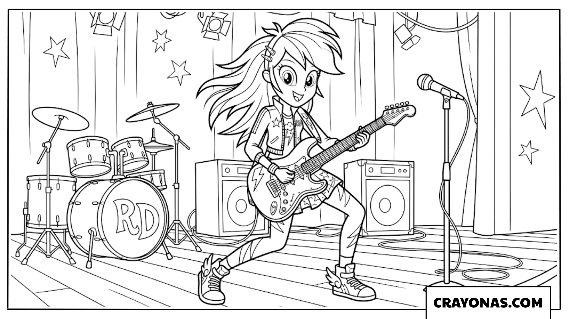 Rainbow Dash Equestria Girls Playing Electric Guitar Coloring Page