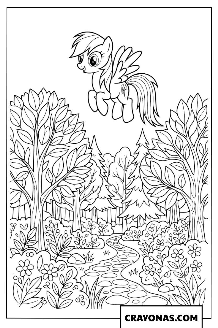 Rainbow Dash Flying Above Forest River Coloring Page