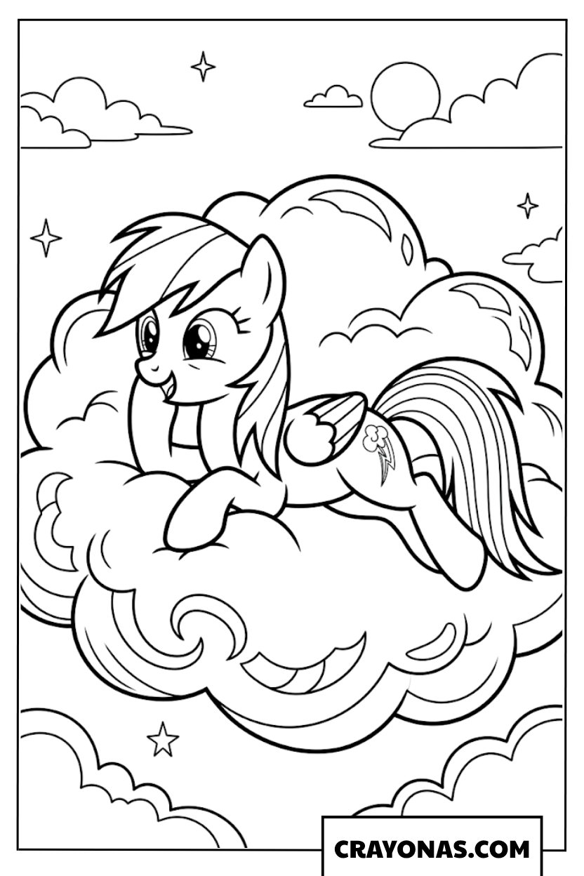 Rainbow Dash Flying Happily Over Soft Fluffy Clouds Coloring Page