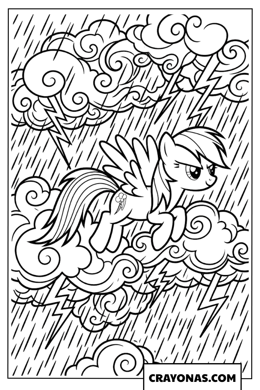 Rainbow Dash Flying Through Heavy Lightning Storm Coloring Page