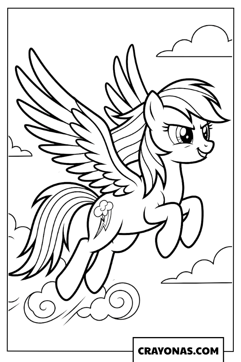 Rainbow Dash Gliding Smoothly through Cloudy Sky Coloring Page