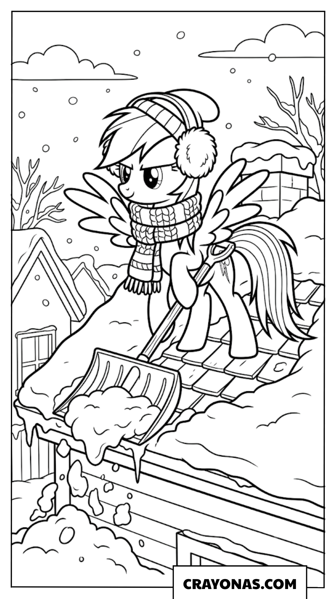 Rainbow Dash Shoveling Snow Off Roof Coloring Page