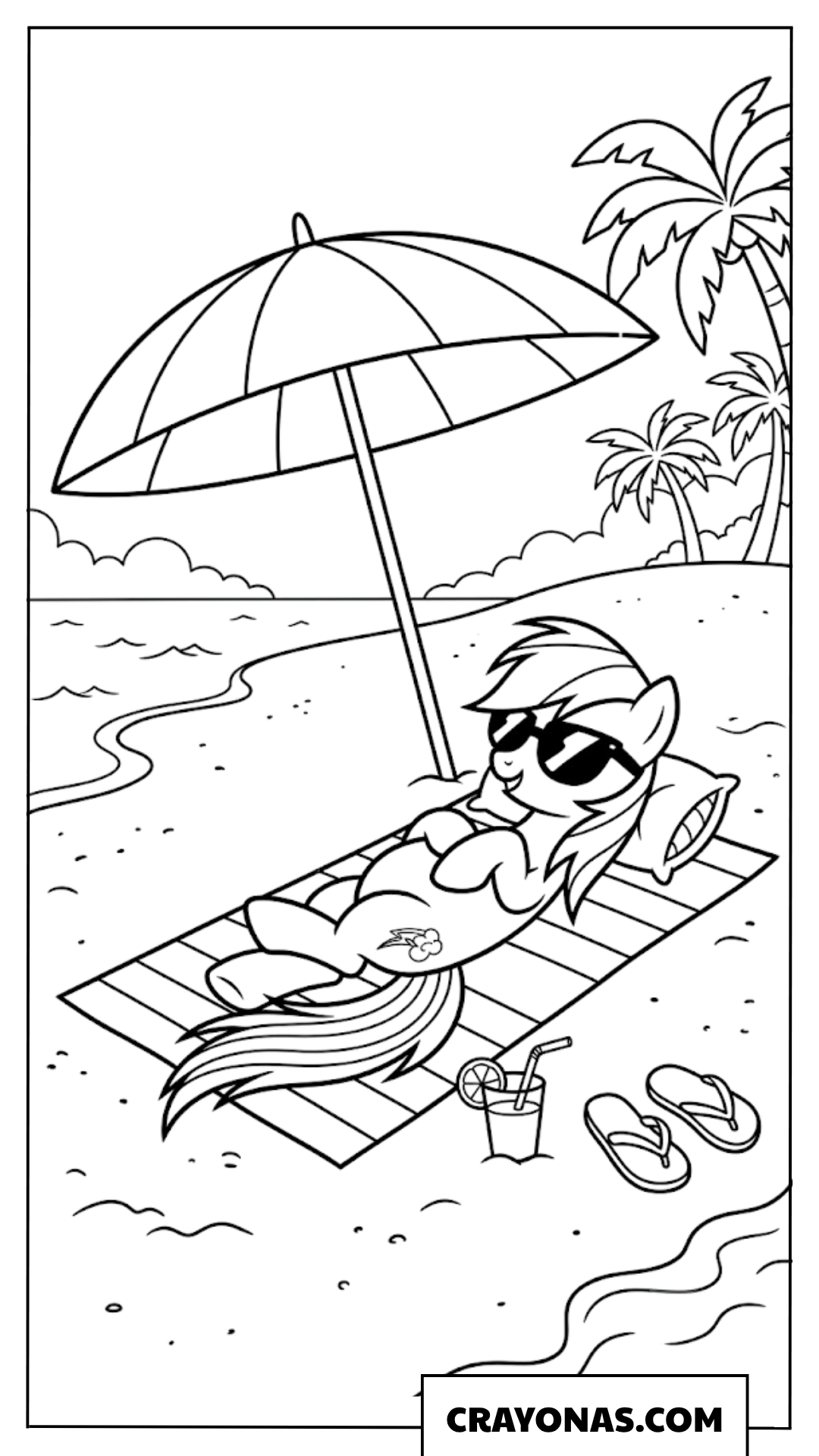 Rainbow Dash Sunbathing On Tropical Beach Coloring Page