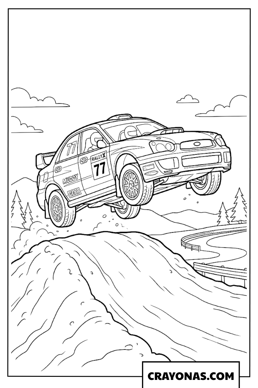 Rally Race Car Jumping Over Dirt Hills Coloring Page