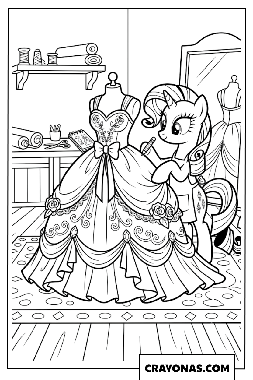 Rarity Designing Beautiful Ball Gown Dress in Boutique Coloring Page