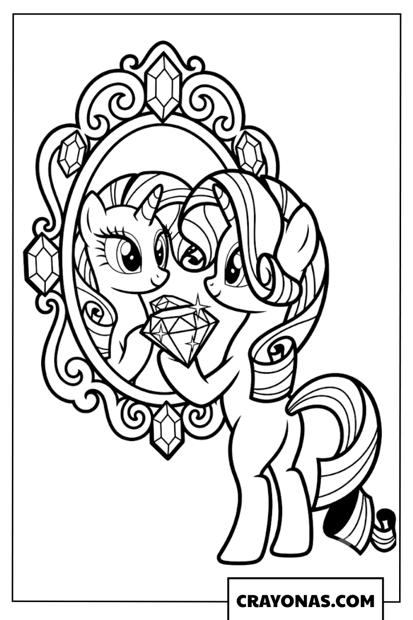 Rarity Looking in Ornate Mirror with Shiny Diamond Gem Coloring Page