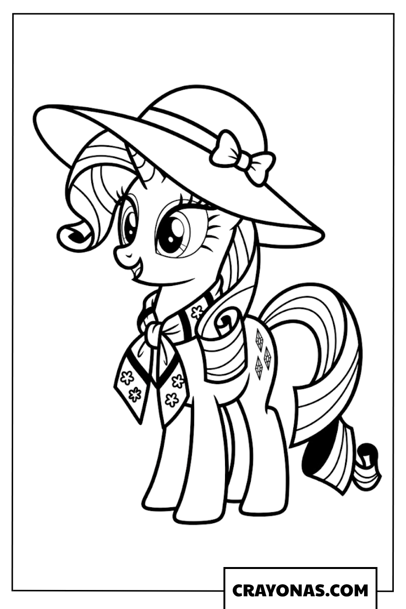Rarity Wearing Vintage Sun Hat and Scarf Outfit Coloring Page