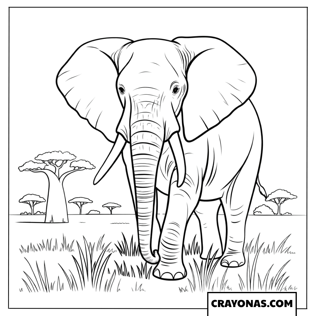 Realistic African Elephant Standing Coloring Page