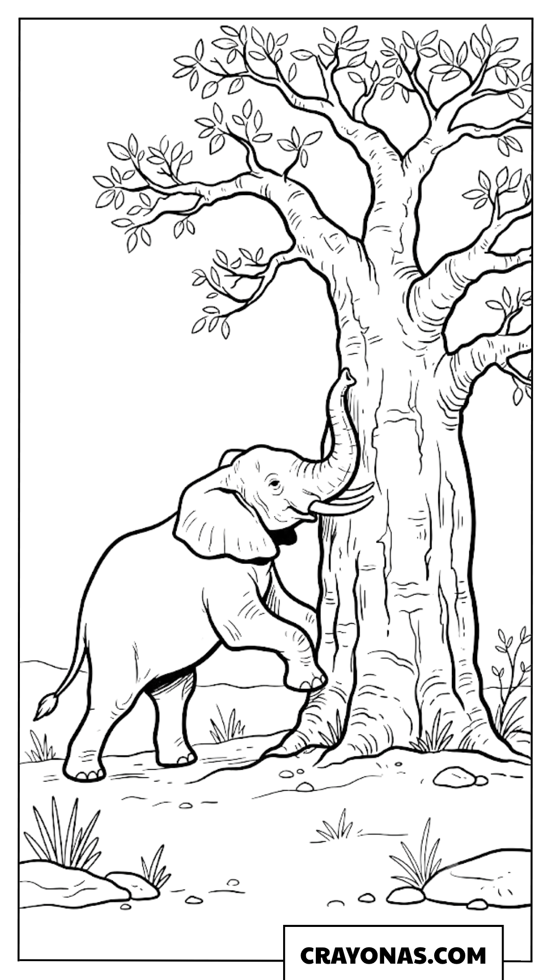 Realistic African Elephant by Tree Coloring Page
