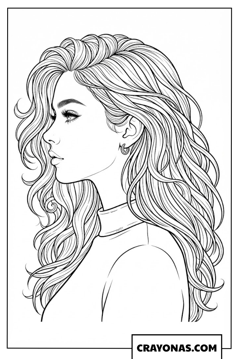 Realistic Anime Girl with Long Wavy Hair Coloring Page