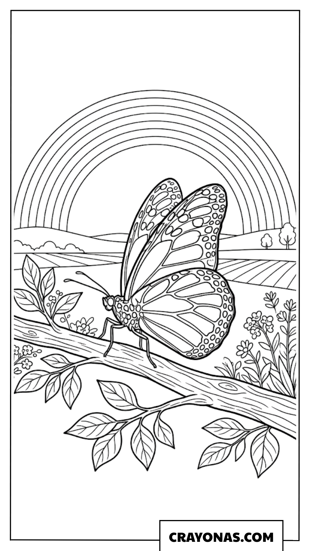 Realistic Butterfly on Tree Branch with Meadow Rainbow Coloring Page