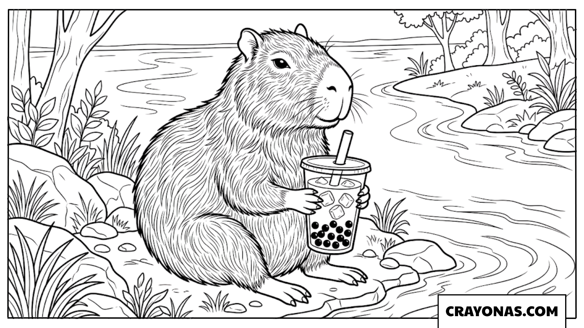 Realistic Capybara Holding Boba by River Coloring Page