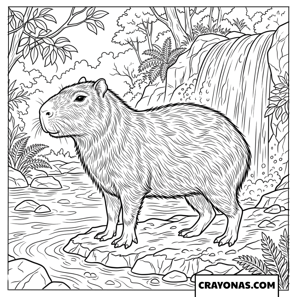 Realistic Capybara Near Beautiful Jungle Waterfall Coloring Page