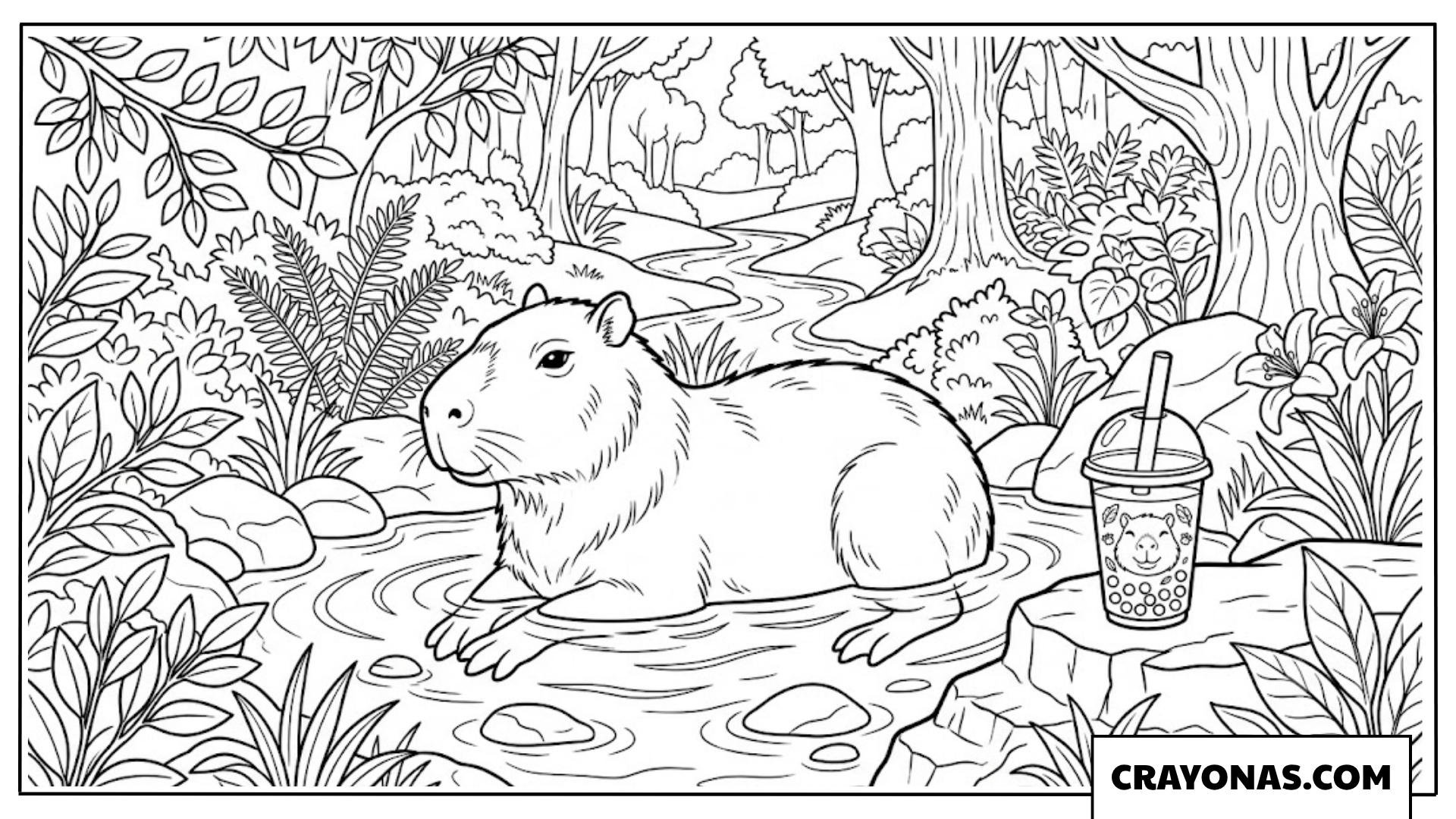 Realistic Capybara Relaxing in Forest Pond with Boba Coloring Page