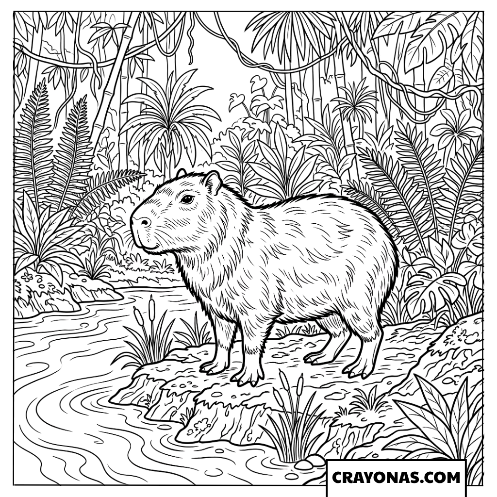 Realistic Capybara Standing by Rainforest River Coloring Page
