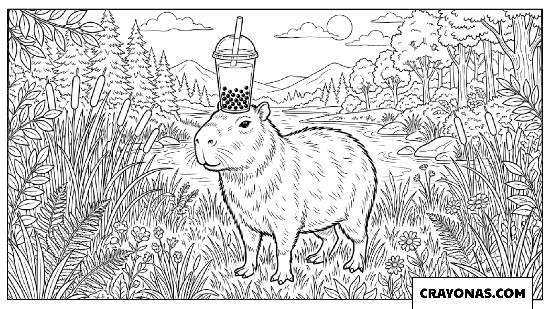 Realistic Capybara with Boba Cup on Head Coloring Page
