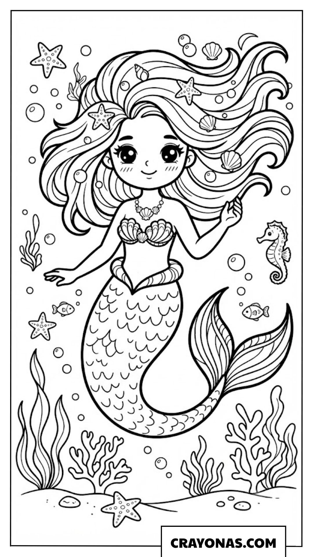Realistic Kawaii Mermaid Swimming Coloring Page