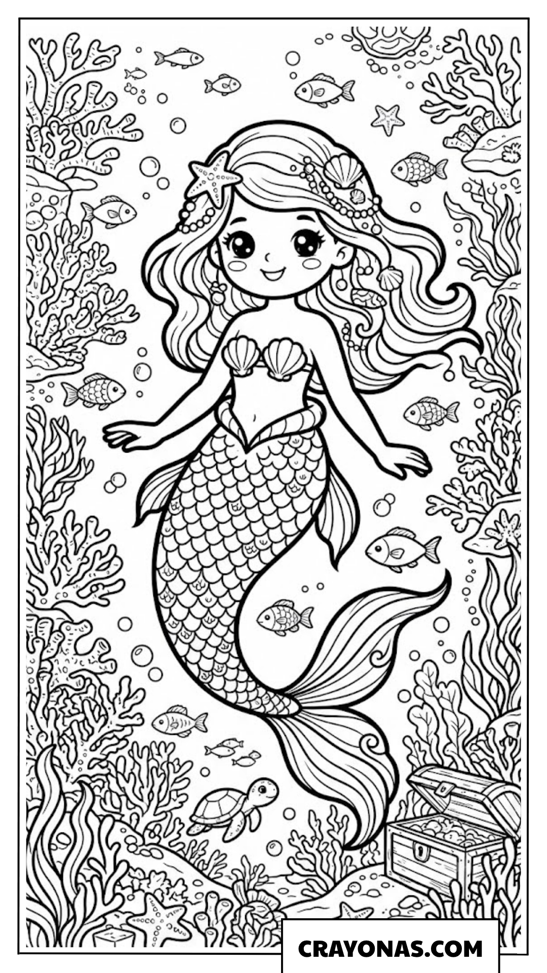 Realistic Kawaii Mermaid in Coral Reef Coloring Page