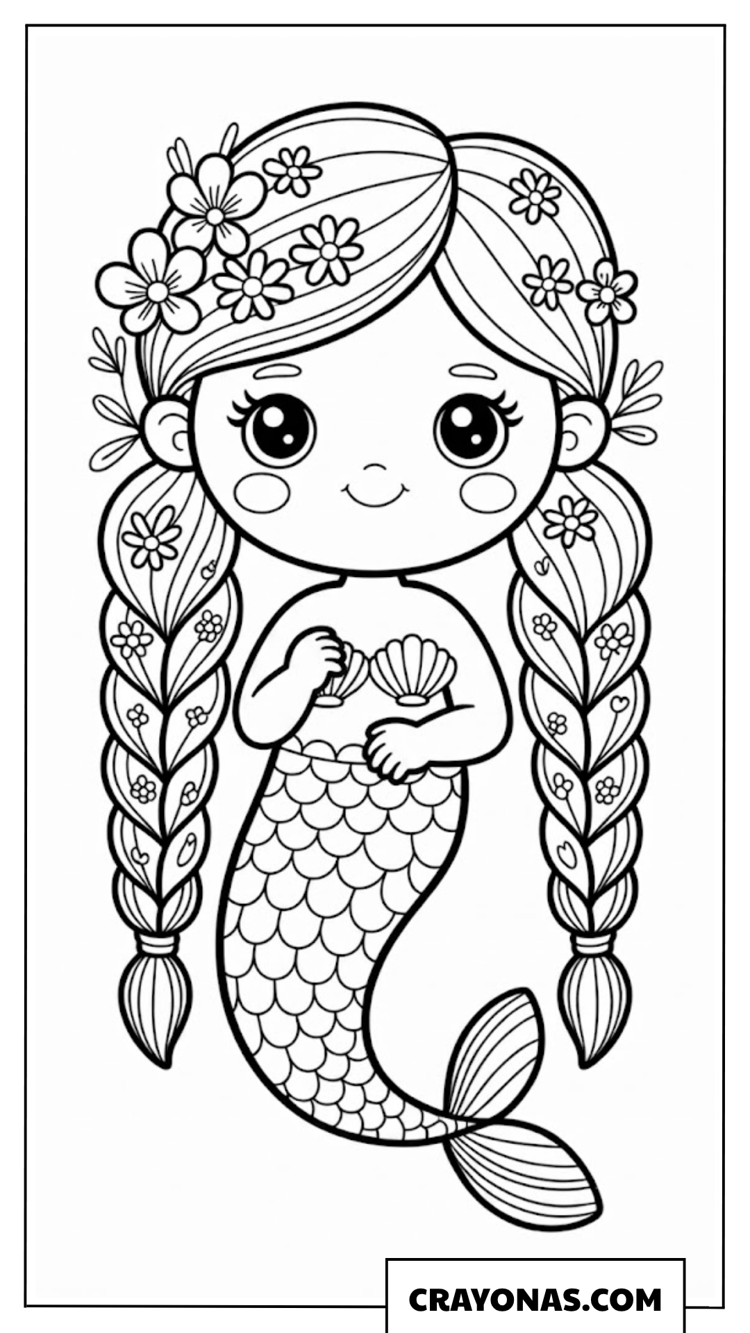Realistic Kawaii Mermaid with Braids Coloring Page