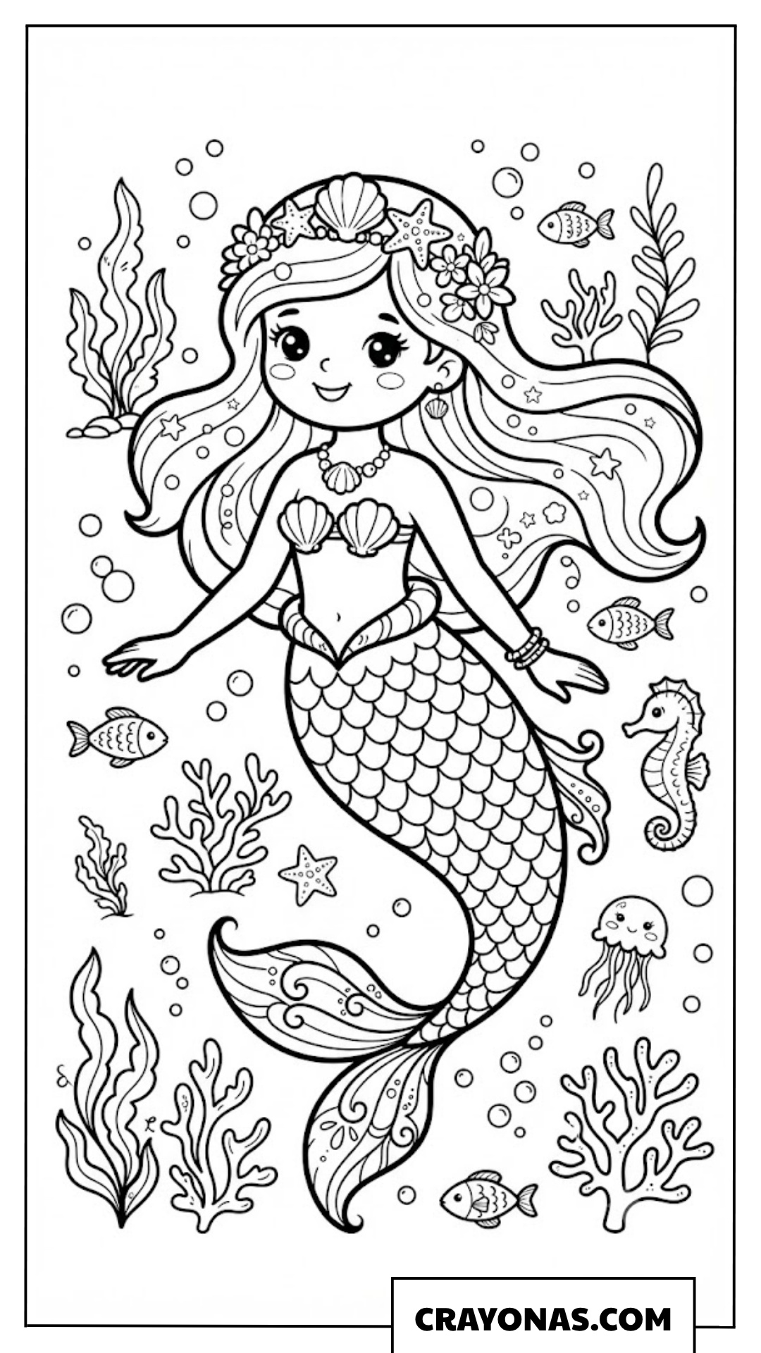 Realistic Kawaii Mermaid with Seashells Coloring Page
