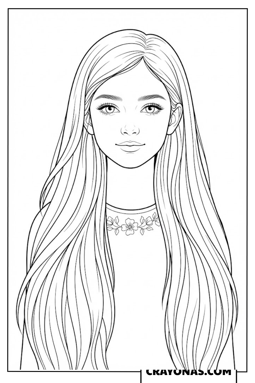 Realistic Long Straight Hair Girl Portrait Coloring Page