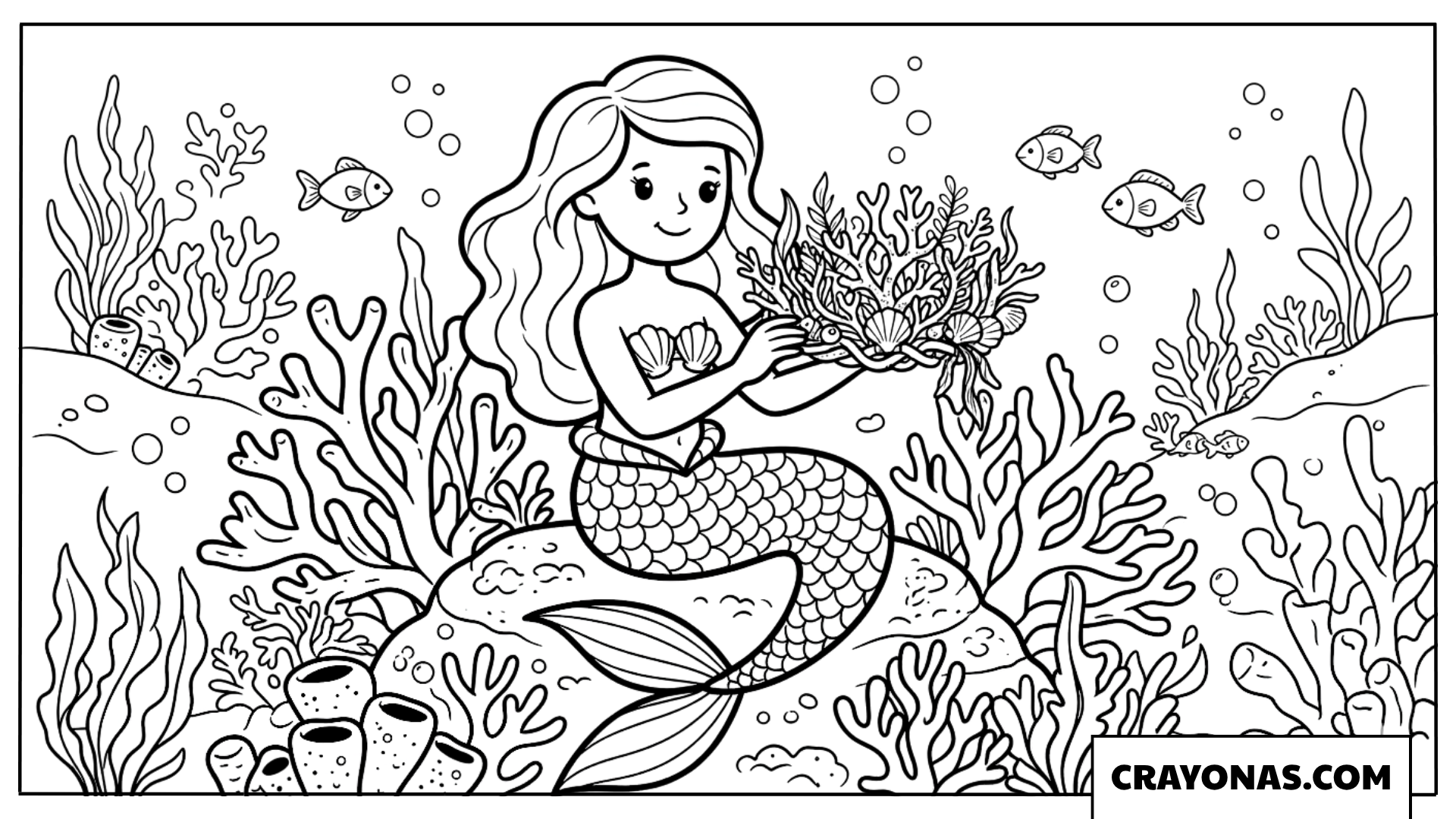Realistic Mermaid Holding Coral Bouquet Coloring Page