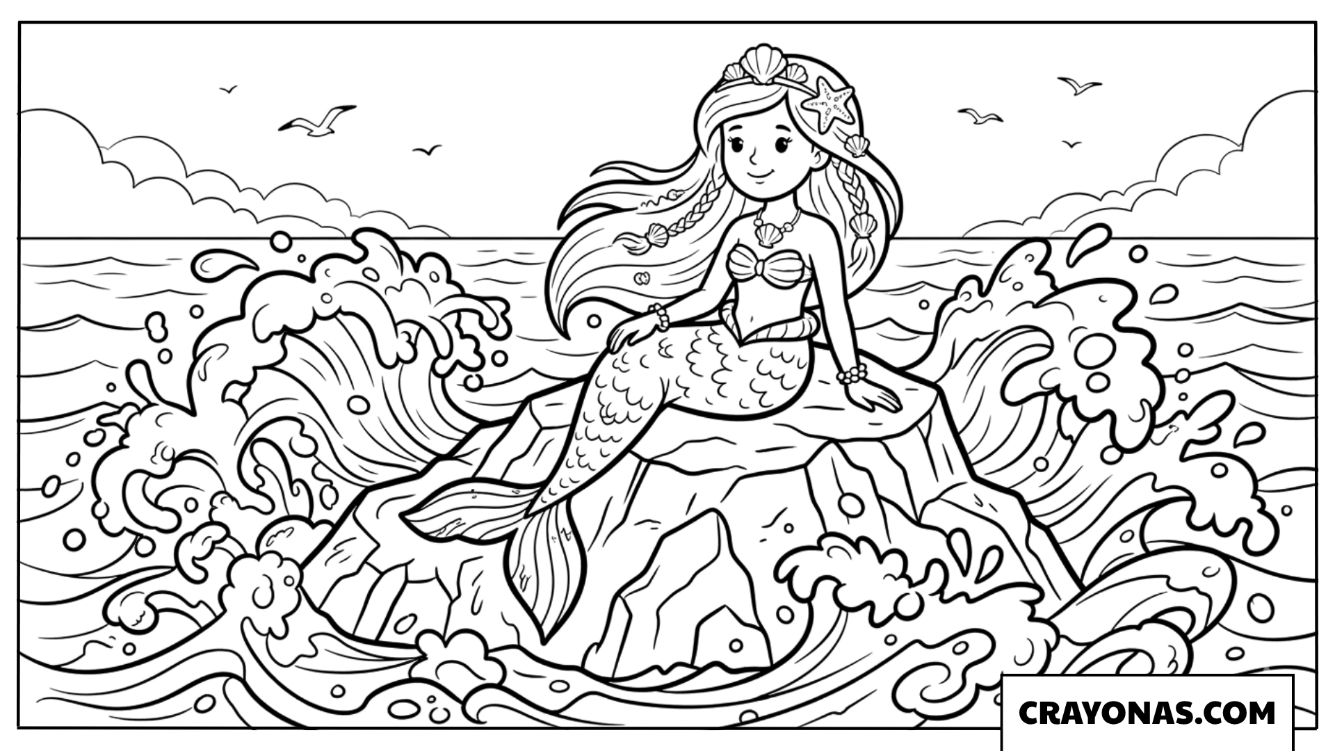 Realistic Mermaid Sitting on Rock by the Sea Coloring Page