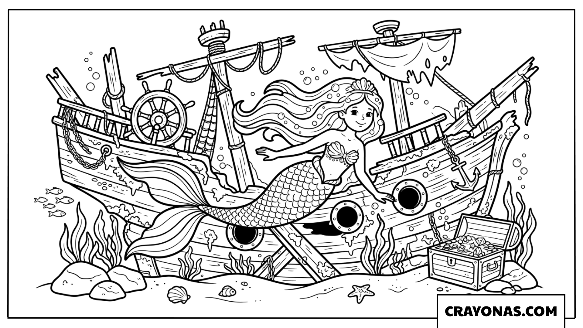 Realistic Mermaid at Shipwreck Coloring Page