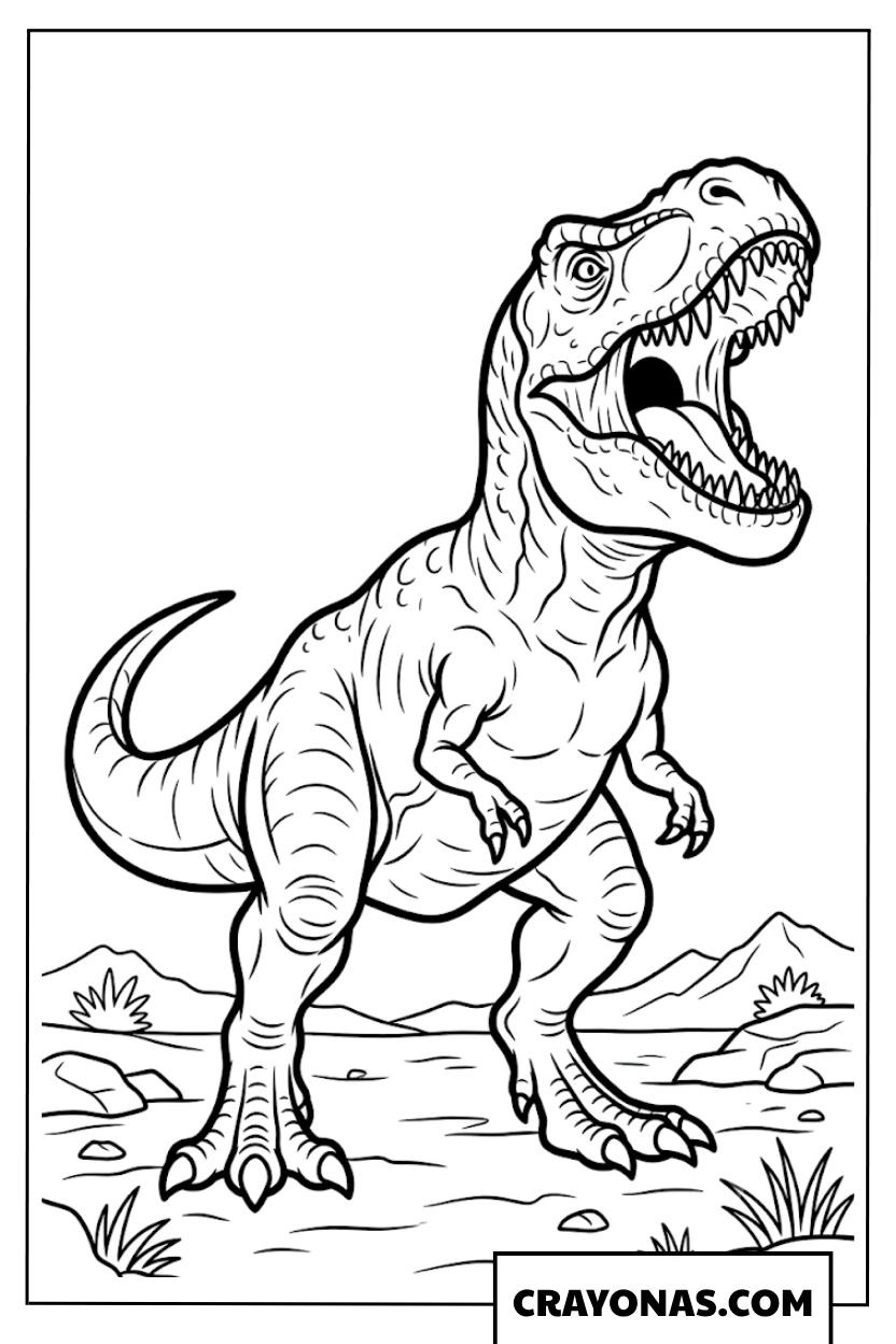 Roaring Tyrannosaurus Rex in Prehistoric Landscape Coloring Page