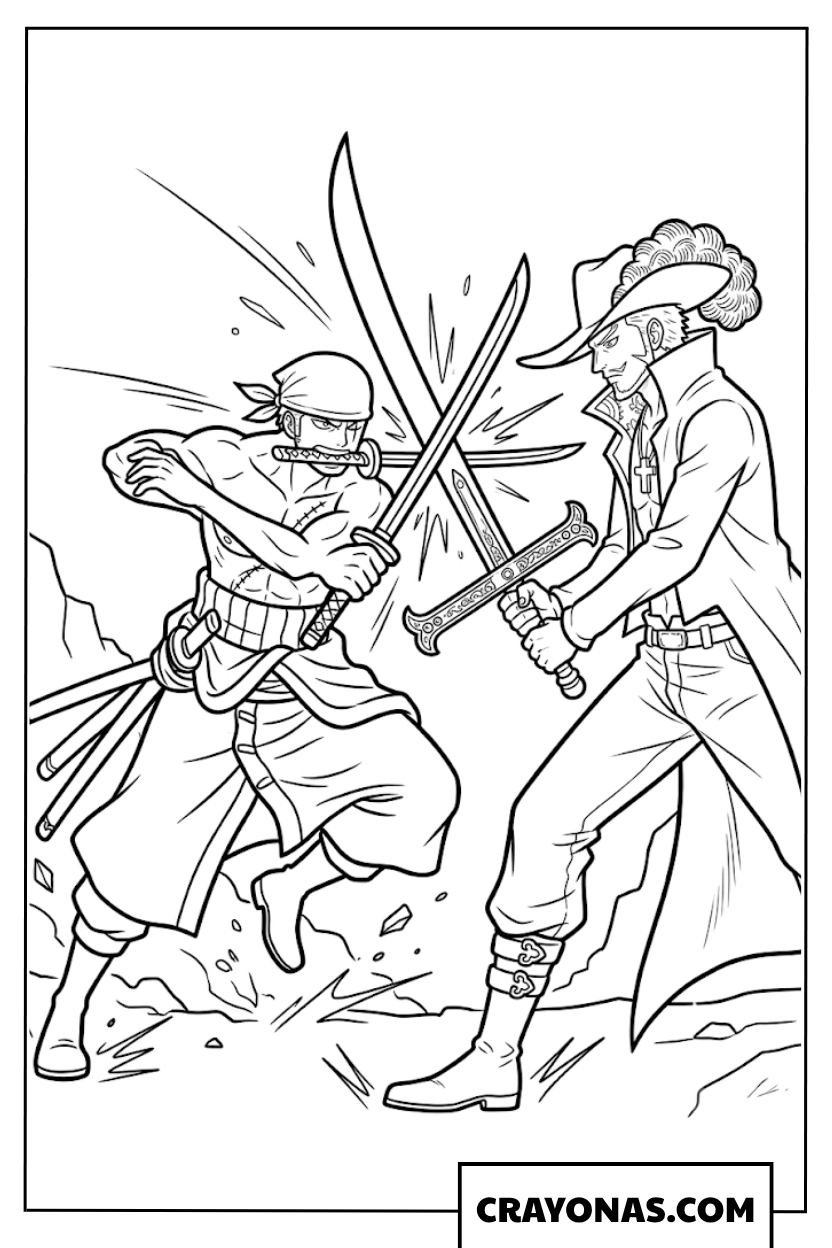 Roronoa Zoro Fighting Dracule Mihawk One Piece Coloring Page