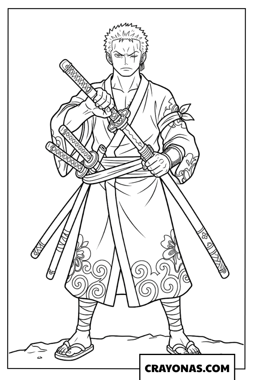 Roronoa Zoro Holding Katana Wano Outfit One Piece Coloring Page