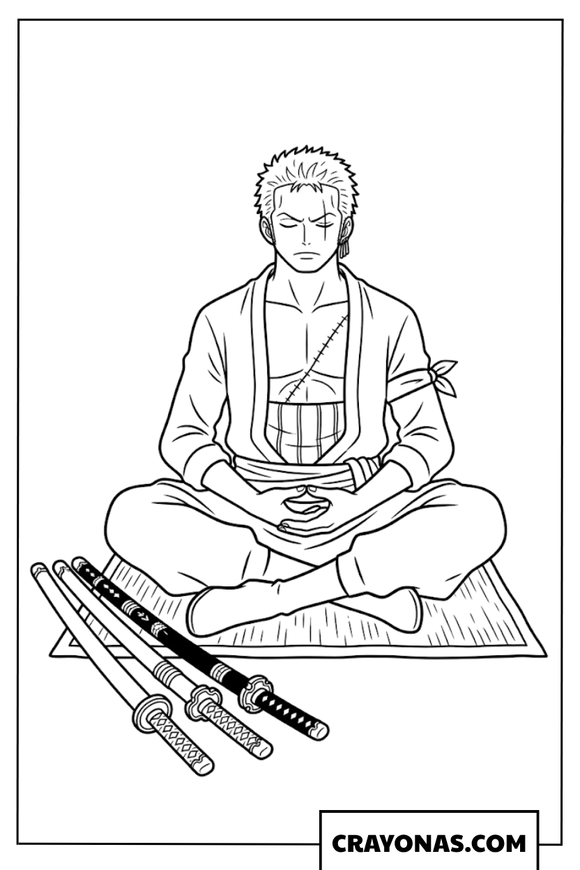 Roronoa Zoro Meditating Next To Katanas Coloring Page
