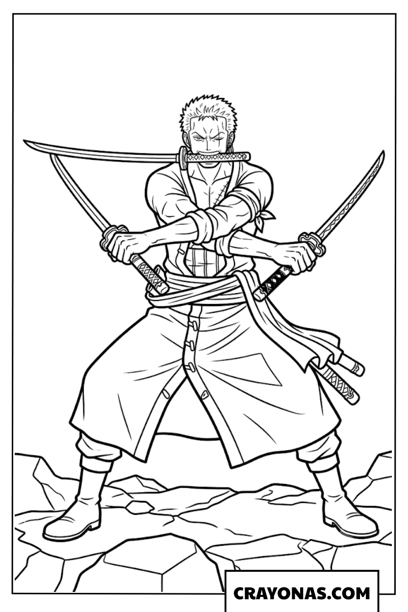 Roronoa Zoro Three Sword Style Stance One Piece Coloring Page