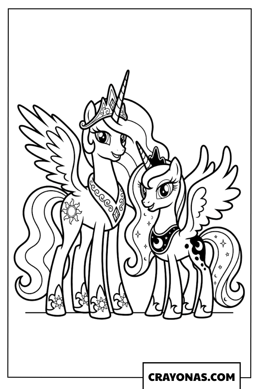 Royal Sisters Princess Celestia and Princess Luna Standing Together Coloring Page
