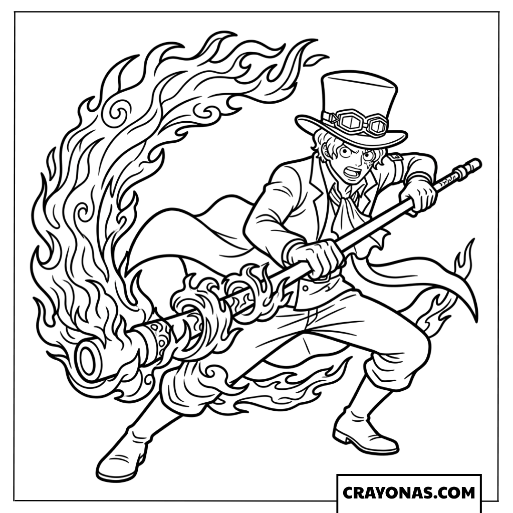 Sabo Wielding Metal Pipe Fire Fist Flames Coloring Page