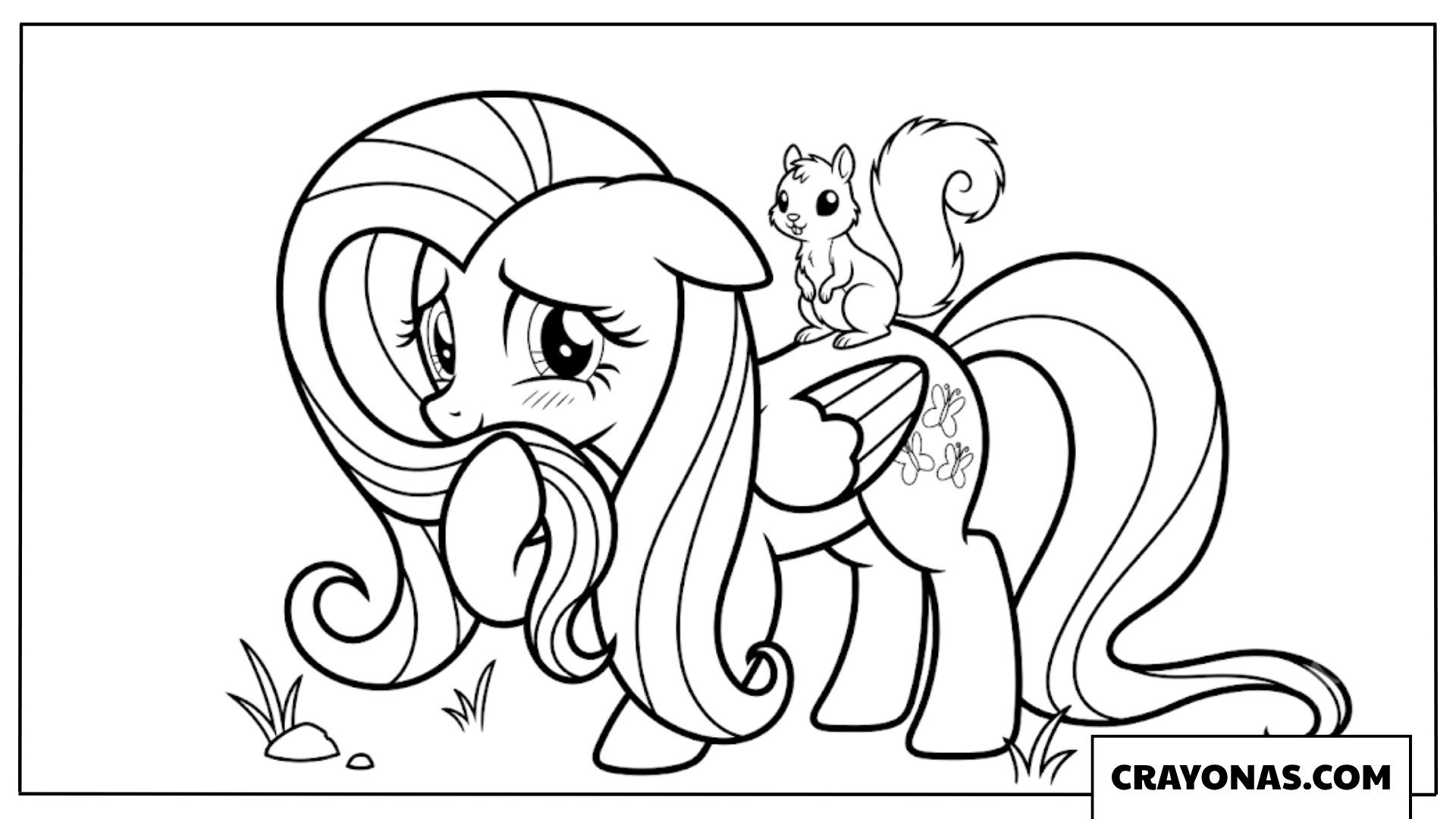 Shy Fluttershy with Cute Squirrel Sitting on Her Back Coloring Page