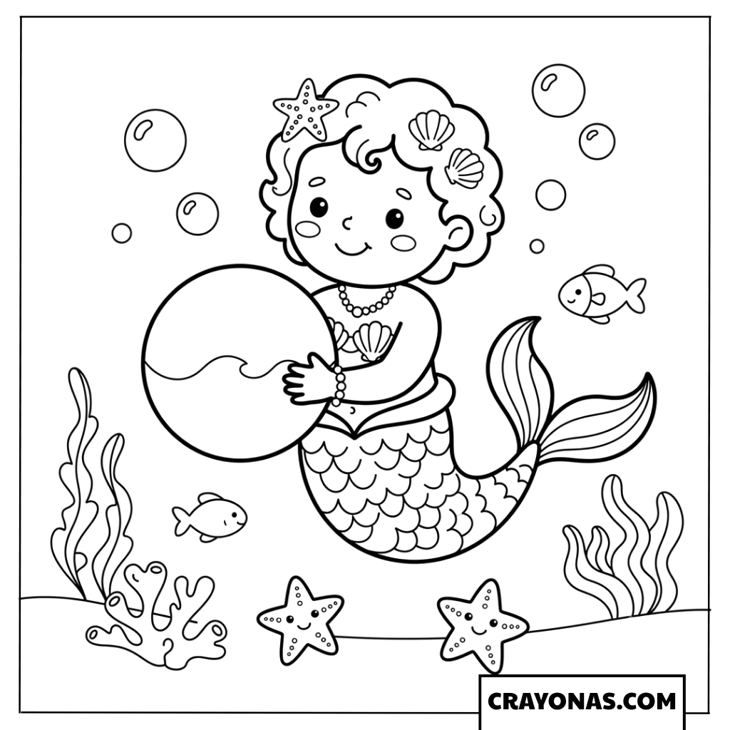 Simple Baby Mermaid Playing with Ball Coloring Page