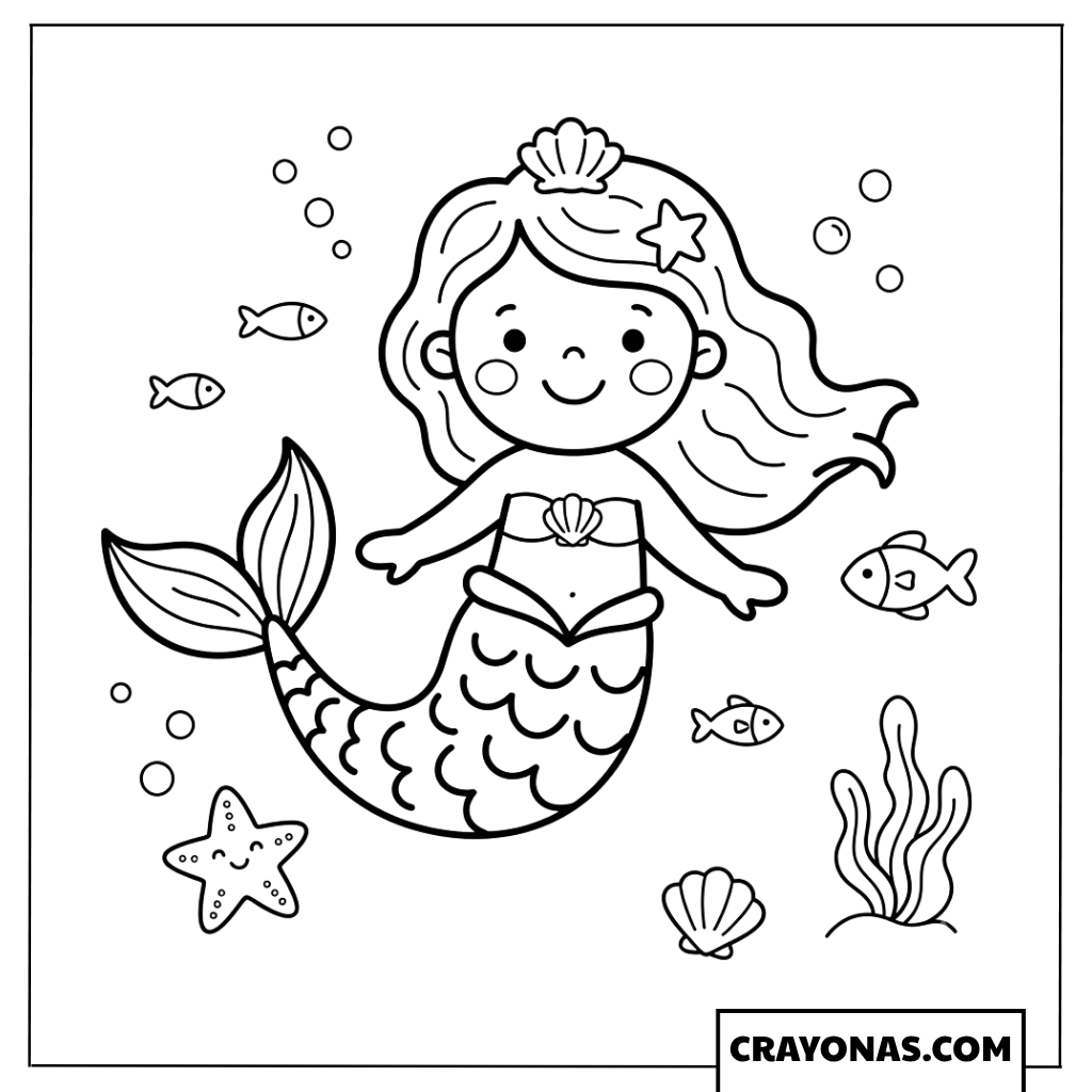 Simple Baby Mermaid Portrait Coloring Page