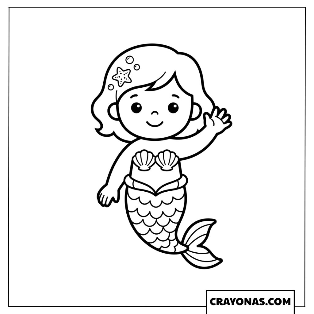 Simple Baby Mermaid Waving Coloring Page