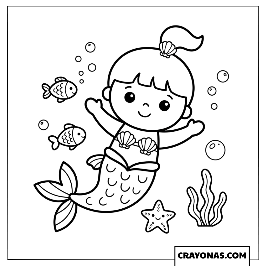 Simple Baby Mermaid with Fish Coloring Page
