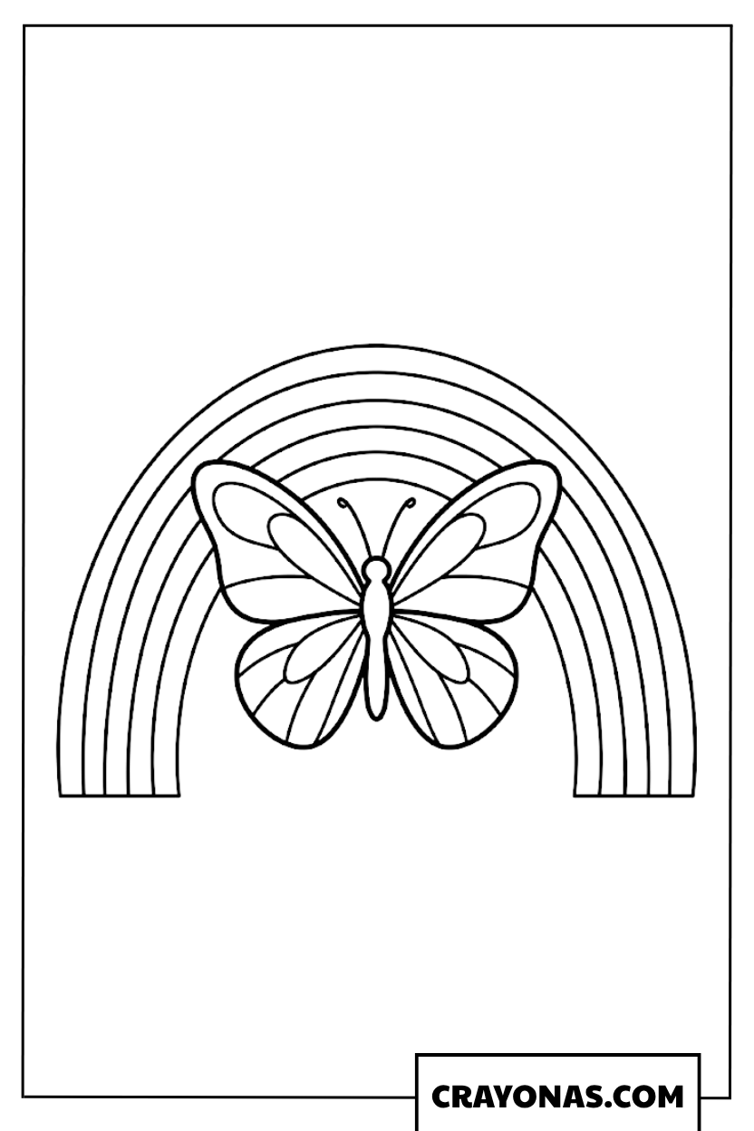 Simple Butterfly Centered in Front of Rainbow Coloring Page