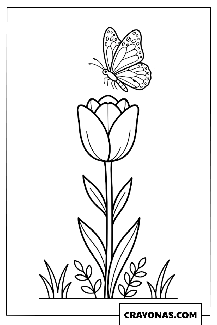 Simple Butterfly Flying Over a Tall Tulip Coloring Page
