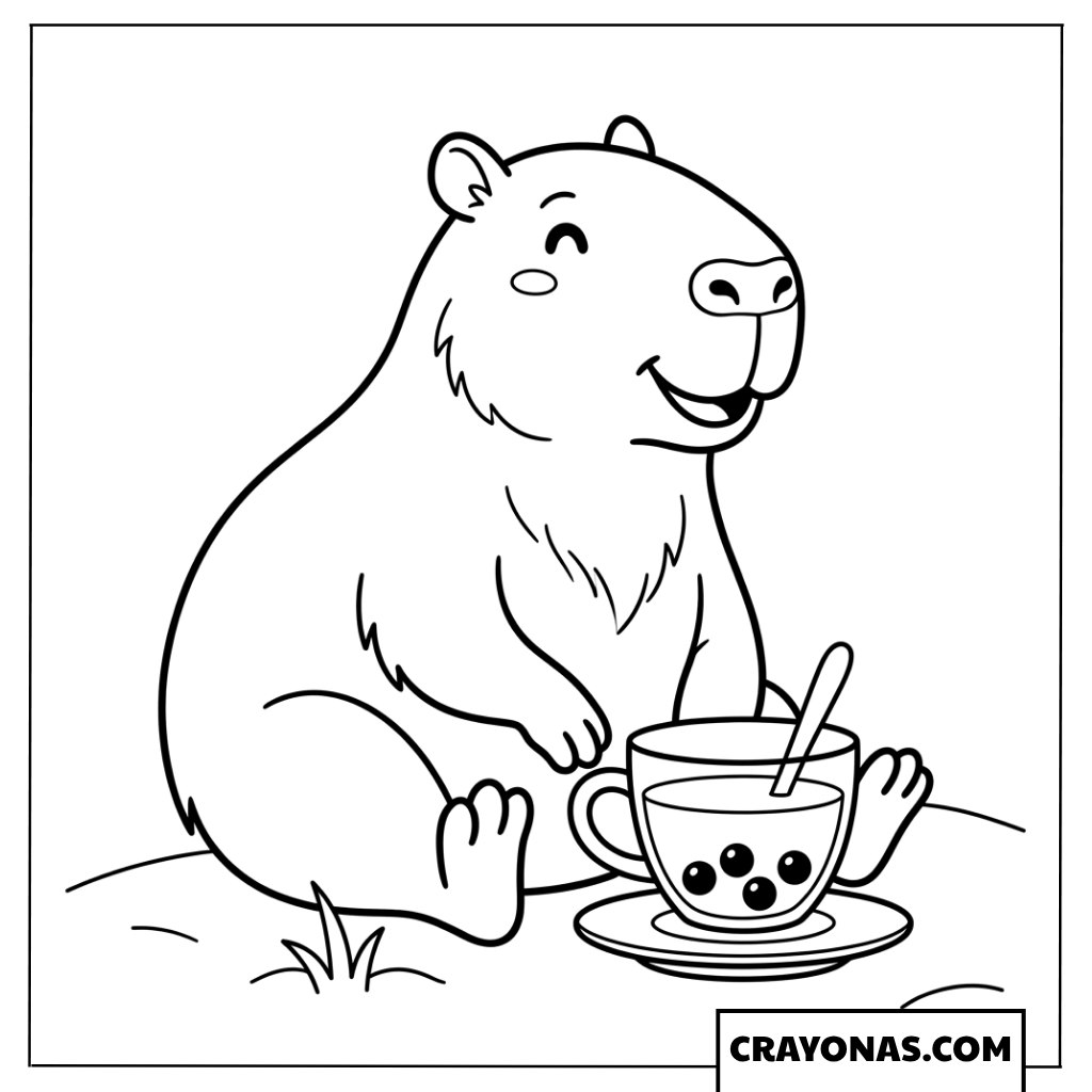 Simple Capybara Drinking Boba Tea from Cup Coloring Page