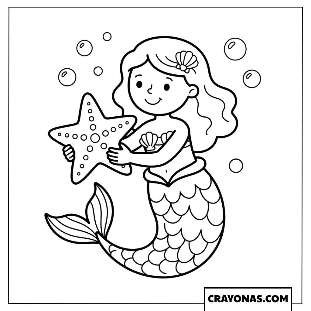 Simple Kawaii Mermaid Holding Starfish Coloring Page