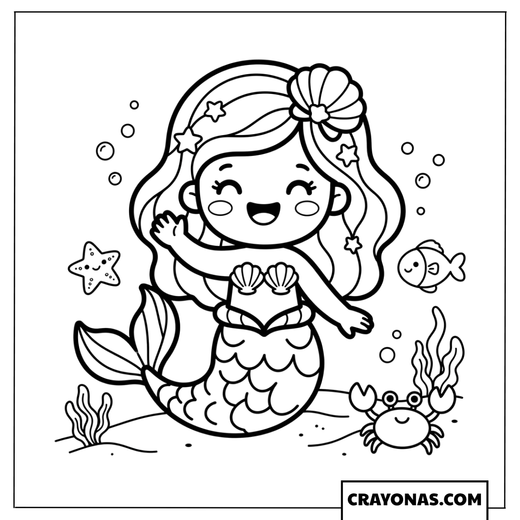 Simple Kawaii Mermaid Waving Coloring Page