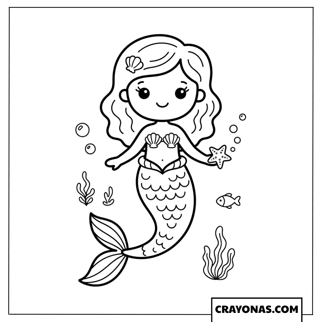 Simple Kawaii Mermaid with Fish Coloring Page