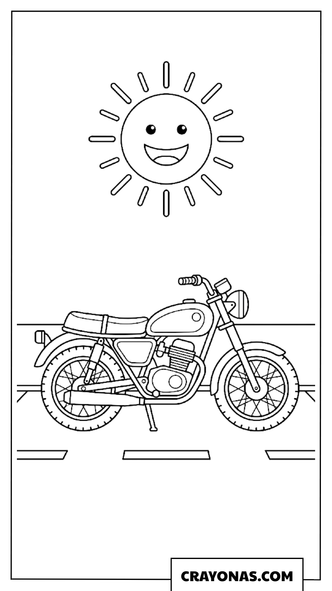 Simple Motorcycle on Road with Smiling Sun Coloring Page